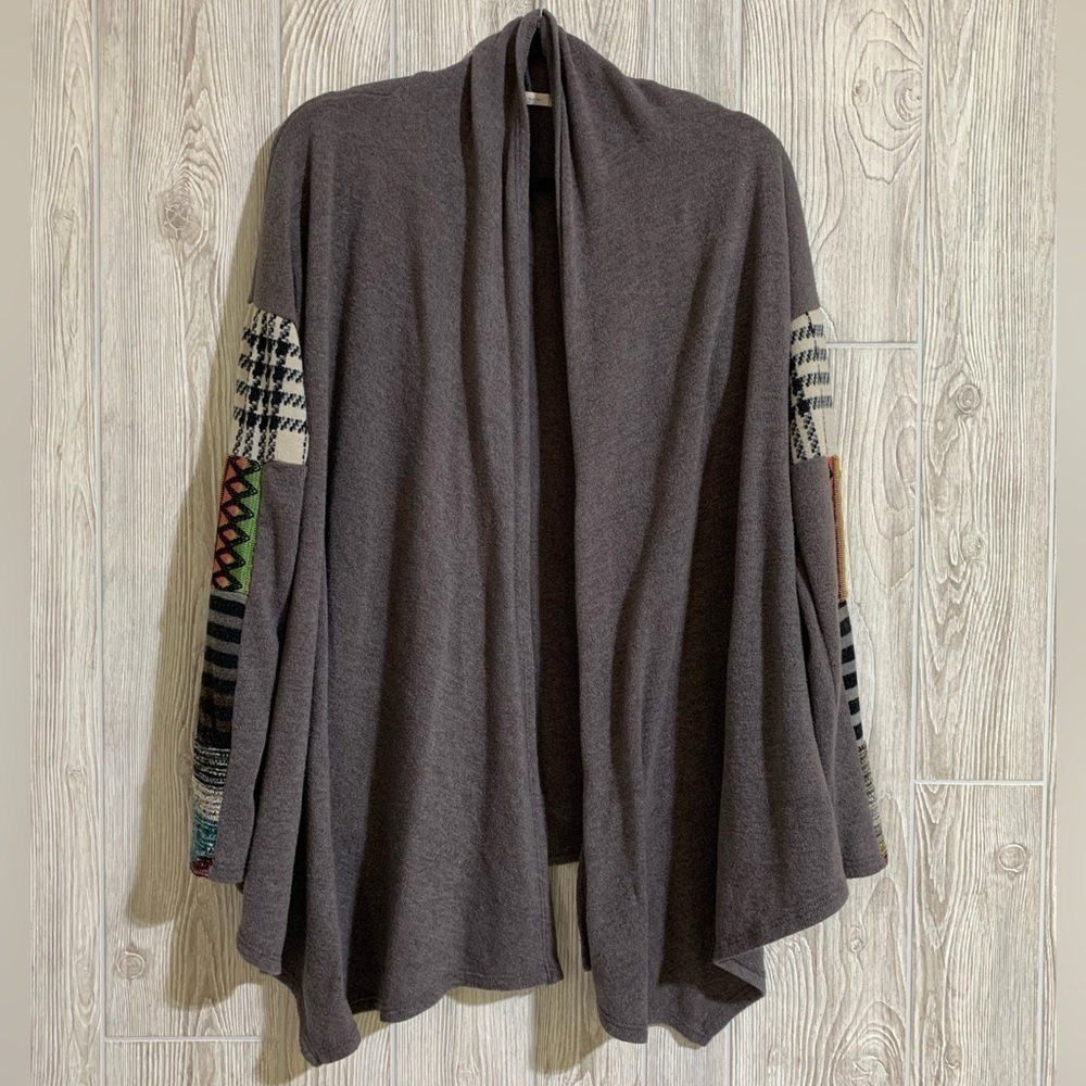 Cozy Drape Front Cardigan With Patchwork Sleeves by 12PM by Mon Ami Size LG